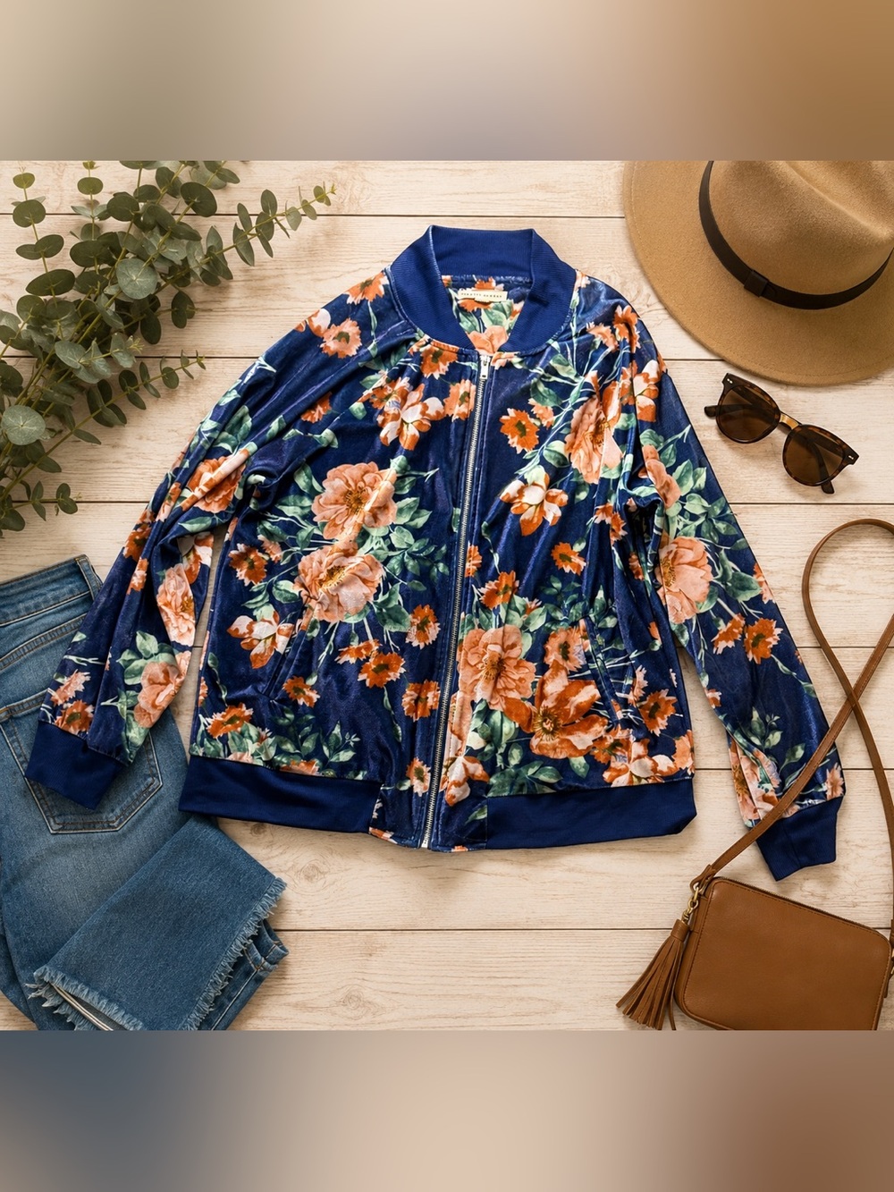 Farmers Market Floral Velvet Bomber Jacket Navy Blue Zip Front Women’s XL